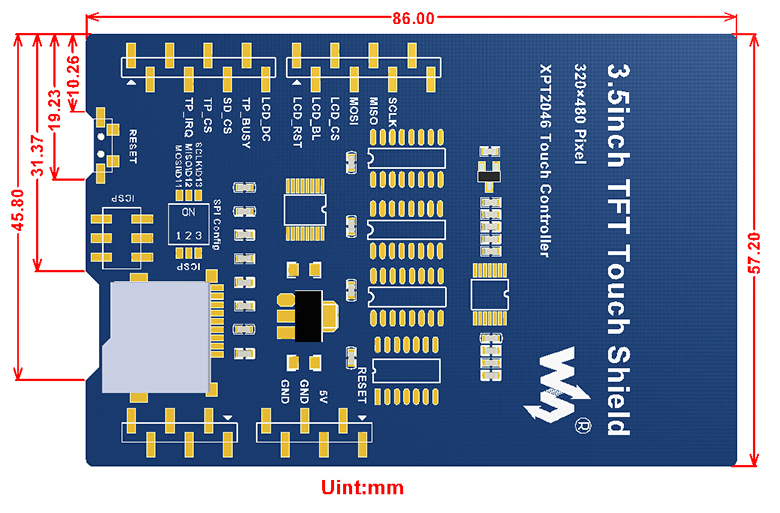 raspberryitalia waveshare 3.5inch TFT Touch Shield size