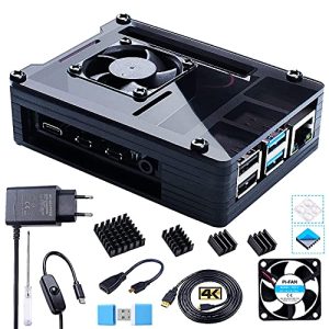 Bruphny Case per Raspberry Pi 4 con Ventola, 5.1V 3A USB-C Alimentatore, 4 Dissipatore, 1.8M Micro-HDMI Cavo, USB Lettore di Schede, Micro HDMI to HDMI Adattatore per Raspberry Pi 4 Modello B